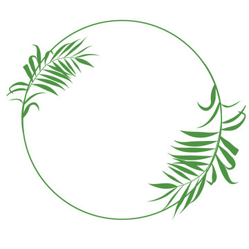 Tropical palm leaf frame.  Round Icon in trendy minimal linear style. Template for logo cosmetics, beauty Studio, hairdresser, handmade, jewelry. Vector stock illustration