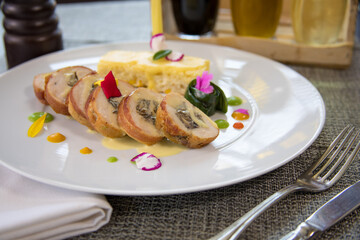 Typical colombian food and drinks, stuffed chicken