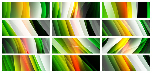 Set of green trendy simple fluid color gradient abstract backgrounds with dynamic wave line effect. Vector Illustrations For Wallpaper, Banner, Background, Card, Book Illustration, landing page