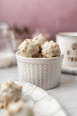 Beautiful and delicious homemade cookies or sweets with white and dark chocolate in retro grunge style.