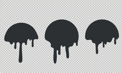 Current drops silhouette. Inks, paint, liquid, oil, molten circles set. Vector illustration on transparent background