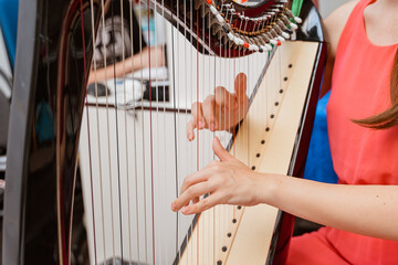the girl's hands play the harp close up
