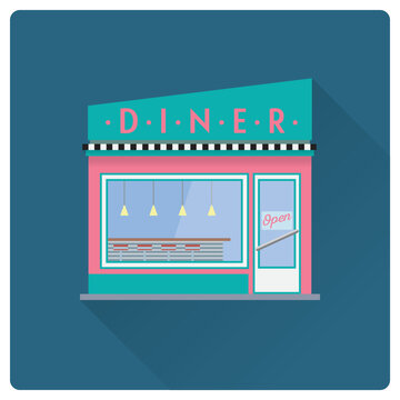 Flat design long shadow diner building vector illustration, facade with vibrant signs.