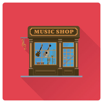 Flat design long shadow music shop building vector illustration, store facade with musical intrument in the window.