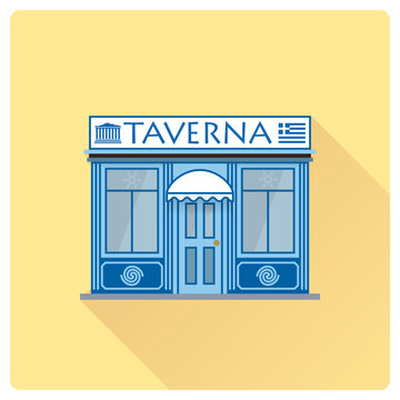Flat design long shadow greek restaurant. Cute tavern building facade vector illustration