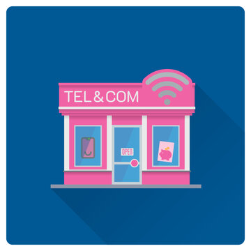 Flat design long shadow telephone and communications equipment store building vector illustration. Telco shop storefront 
