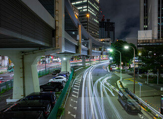A night traffic jam at the urban street in Tokyo wide shot