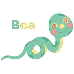 Patchwork vector drawing with a boa. Applique with a snake. Cute vector cartoon boa. Children's, greeting, holiday and invitation card. Vector children's patchwork illustration. For print.