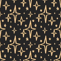 Seamless pattern with shining stars, sparkles on a dark background. Unique print in boh style. Ideal for fabric template, cover, wrapper or postcard.