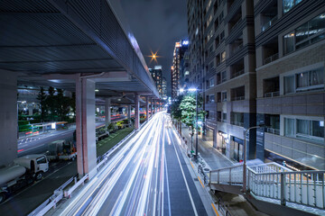 A night traffic jam at the urban street in Tokyo wide shot