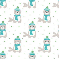 winter seamless pattern with cartoon cute seal