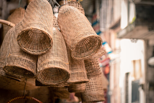 Handmade bamboo wine filters. Traditional bamboo sieve for rice wine. Bamboo products for sale at old street, Shilong Town, Dongguan City, China. 