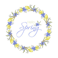 Hello Spring lettering card with wreath hand drawn doodle yellow and purple flowers.