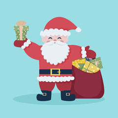Santa Claus is holding a gift in his hand next to a bag of gifts.