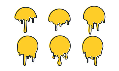 Melt stickers for emoji set. Yellow molten circles smiles set. Current paint, stains. Y2K concept. Vector illustration