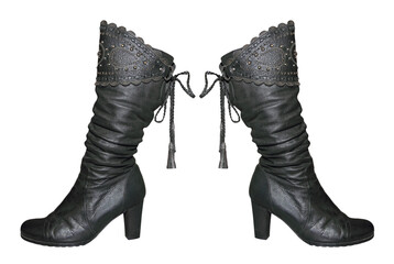 Pair of black Vintage Women knee-high leathers boot isolated on a transparent.