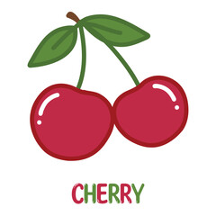 Cherry. Hand drawn flat glossy fruits cartoon vector illustration with cute glossy letters isolated on white background.
