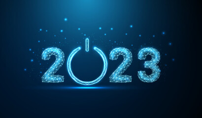 Abstract Happy New Year greeting card with number 2023 and power button. - obrazy, fototapety, plakaty
