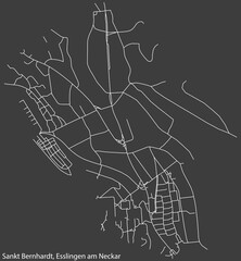 Detailed negative navigation white lines urban street roads map of the SANKT BERNHARDT MUNICIPALITY of the German regional capital city of Esslingen, Germany on dark gray background