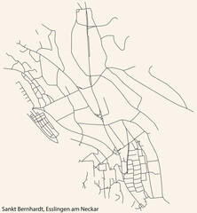 Detailed navigation black lines urban street roads map of the SANKT BERNHARDT MUNICIPALITY of the German regional capital city of Esslingen, Germany on vintage beige background