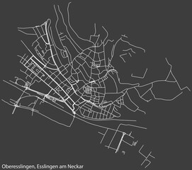 Detailed negative navigation white lines urban street roads map of the OBERESSLINGEN MUNICIPALITY of the German regional capital city of Esslingen, Germany on dark gray background