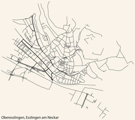Detailed navigation black lines urban street roads map of the OBERESSLINGEN MUNICIPALITY of the German regional capital city of Esslingen, Germany on vintage beige background