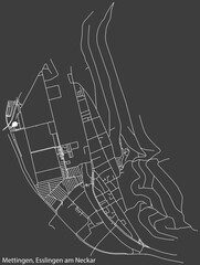 Detailed negative navigation white lines urban street roads map of the METTINGEN MUNICIPALITY of the German regional capital city of Esslingen, Germany on dark gray background