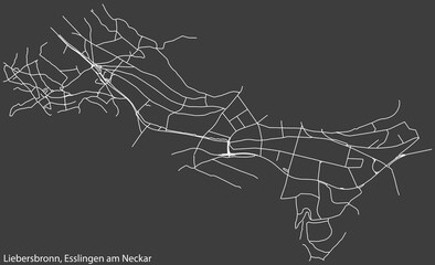 Detailed negative navigation white lines urban street roads map of the LIEBERSBRONN MUNICIPALITY of the German regional capital city of Esslingen, Germany on dark gray background