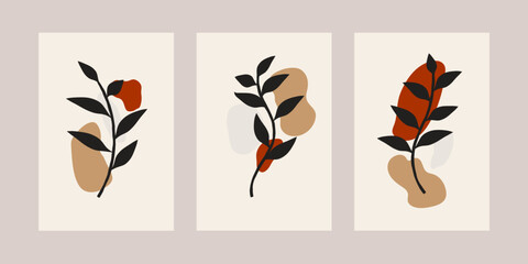 Set of minimalist poster design botanical leaf branch abstract collage bohemian aesthetic boho art prints mid century modern wall art decoration