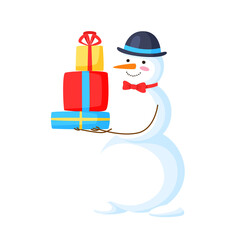 Snowman in a hat holding presents. Winter holiday celebration illustration