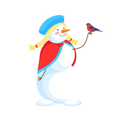 Girl snowman with a snowbird. Winter holiday celebration illustration