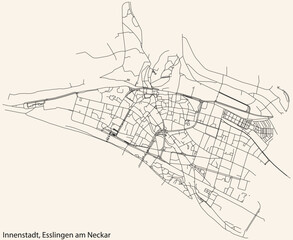 Detailed navigation black lines urban street roads map of the INNENSTADT MUNICIPALITY of the German regional capital city of Esslingen, Germany on vintage beige background