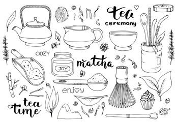 Japanese ceremony with Matcha. Hands holding tea items. Vector illustration doodles, set of tea party in thin line art sketch style