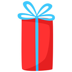 Gift box in red festive wrapping paper with blue ribbon and bow. Present for holiday.