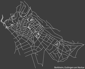 Detailed negative navigation white lines urban street roads map of the BERKHEIM MUNICIPALITY of the German regional capital city of Esslingen, Germany on dark gray background