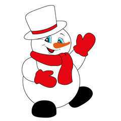 Christmas snowman in a hat with a scarf and mittens. New Year. Smiling and waving.