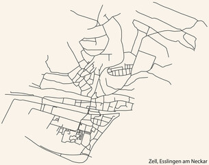 Detailed navigation black lines urban street roads map of the ZELL MUNICIPALITY of the German regional capital city of Esslingen, Germany on vintage beige background