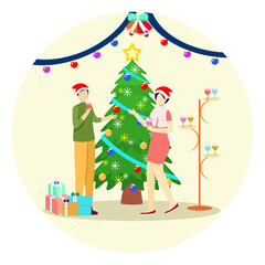 Two women celebrate Christmas with a glass of sweet drink. Decorating a Christmas tree with light bulbs. christmas bells. Exchange gifts. simple elegant dress. Hairstyle outlined.