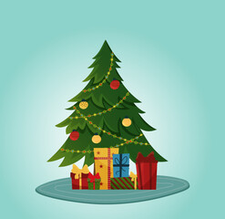 Christmas card message Christmas tree decorated with toys, garland with gifts