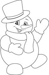 Silhouette of a snowman in a hat, mittens and scarf. New Year. Smiling and waving.