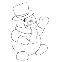 Silhouette of a snowman in a hat, mittens and scarf. New Year. Smiling and waving.