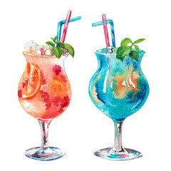 Watercolor cocktails. Two beautiful cold cocktails in blue and red