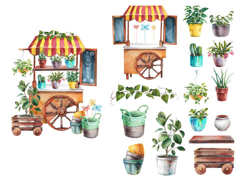 Watercolor cart kiosk. Wooden cart for trade on one wheel. Near a set of various plants