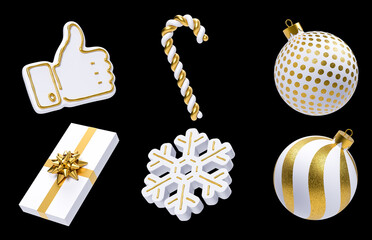 3d render, white and gold Christmas ornaments, set of festive clip art elements isolated on black background