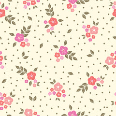 Cute floral pattern. Seamless vector texture. An elegant template for fashionable prints. Print with pink flowers, gold leaves and dots. light  background.