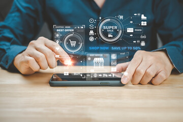 Online shopping concept, men experience real apps and smartphone screen, choose monthly and monthly promotions at home.