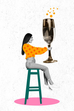 Collage photo of young lady wear dotted orange sweater hold wineglass with alcohol countdown new year sitting bar isolated on white background