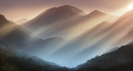 Obraz premium a beautiful scenery of foggy mountains waterfall sunray 