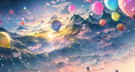 beautiful scenery with flying balloons, mountains, river, cloud, sky and a boy
