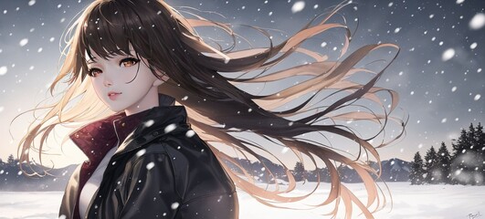 beautiful woman in winter in a snowy village in winter
